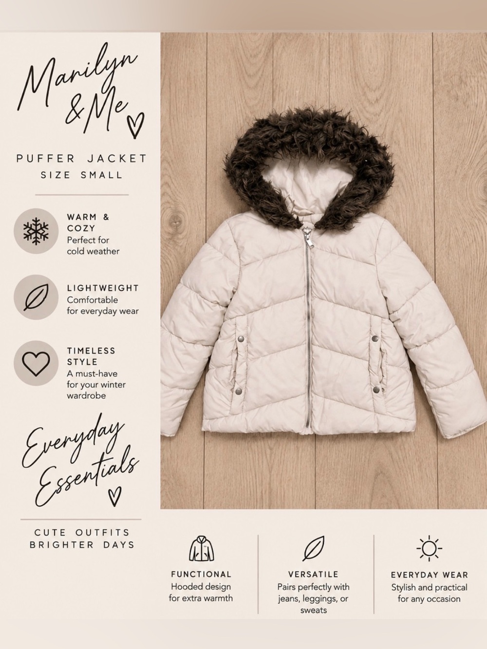 Maralyn & Me Cream Puffer Jacket with Faux Fur Trim